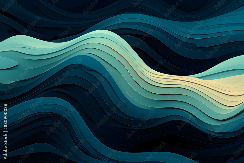 Poster abstract turquoise waves on dark background in layered paper style. generative ai