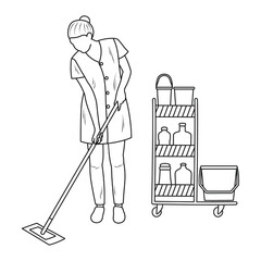 Cleaning lady with mop and cart for cleaning the premises, sketch  mockup