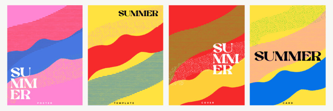 Creative concept of summer bright and juicy cards set. Modern abstract art design with liquid shapes with overlay effect. Templates for celebration, ads, branding, banner, cover, label, poster, sales