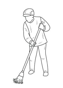 recommend clip art: Janitor with a broom in his hands, sketch outline