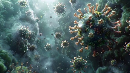 Fototapeta premium Microscopic Viral Outbreak Revealing the Microscopic Structure of an Infectious Coronavirus Pandemic
