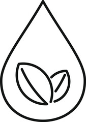 Simple black outline of a water drop with a leaf symbol, representing ecofriendliness