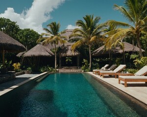 A serene oasis in lush greenery with a lavish pool invites you to unwind amidst nature. Enjoy rustling leaves, soothing water sounds, & the scent of flowers, creating a tranquil, luxurious atmosphere