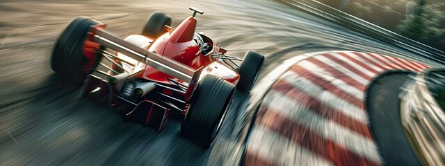 A race car formula 1 speeding around a corner on a track
