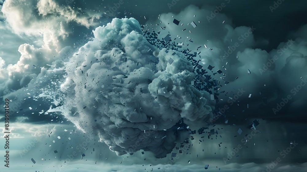 Poster cloud computing infrastructure collapsing under the weight of a massive data surge, resulting in wid
