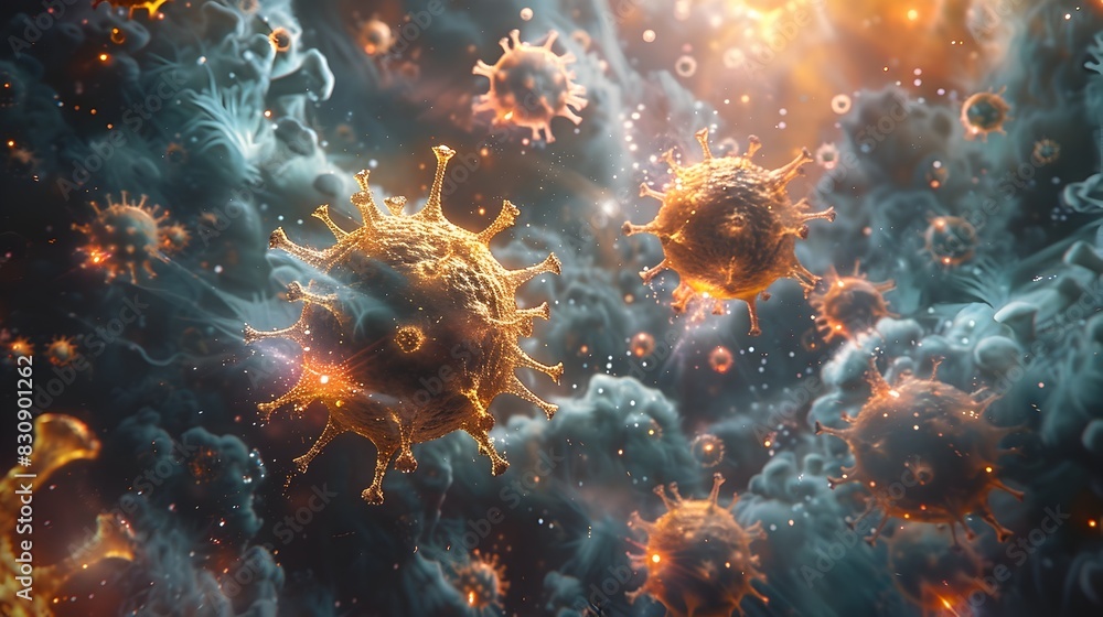 Poster microscopic virus outbreak causing chaotic digital molecular explosion in science laboratory