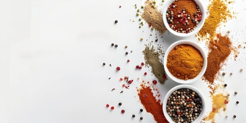 three bowls of spices on a white surface