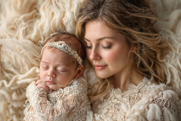 Obraz premium Mother and Newborn Daughter Sleeping Together in Matching Lace Outfits