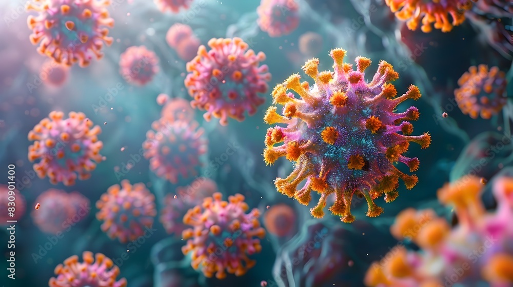 Poster microscopic virus particles spreading across abstract digital background
