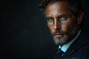 Fototapeta premium An intimate shot captures a man donning scholarly glasses, exuding an aura of wisdom and deep thought