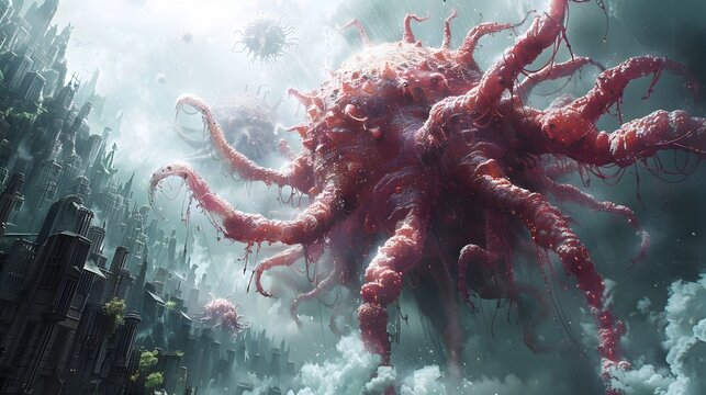 Monstrous Tentacle Creature Emerging from the Depths of a Mysterious Underwater Abyss in a Dark Ominous Scene