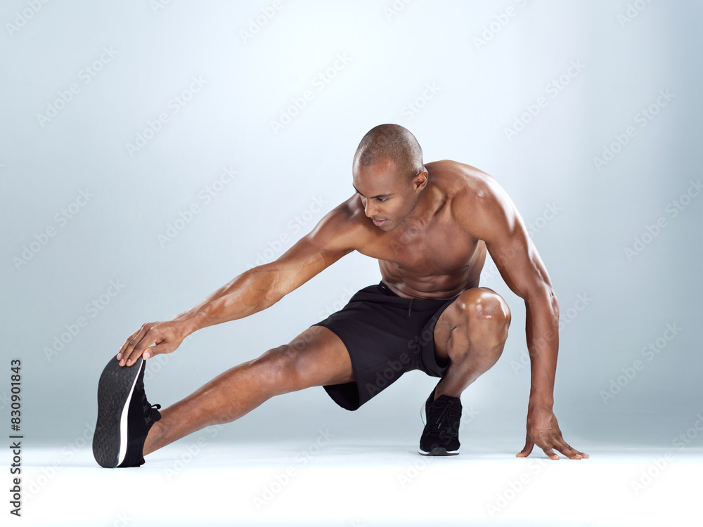 Wall mural man, legs and stretching for training in studio for balance, exercise and calf muscle by white backg