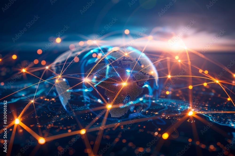 Poster a digital representation of a globe with glowing connections illustrating global network and data ex