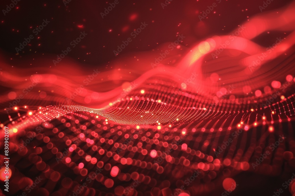 Poster red and black abstract background with a dynamic wave of particles creating a digital flow