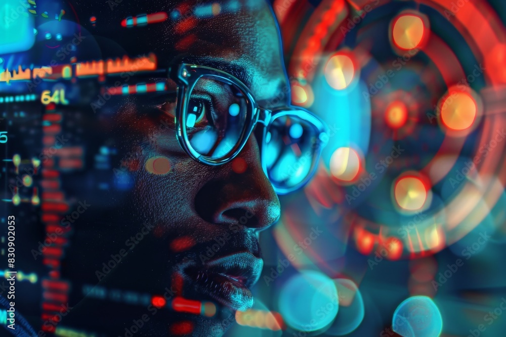 Poster an artistic rendering of blue and red circular bokeh lights with a blurred background
