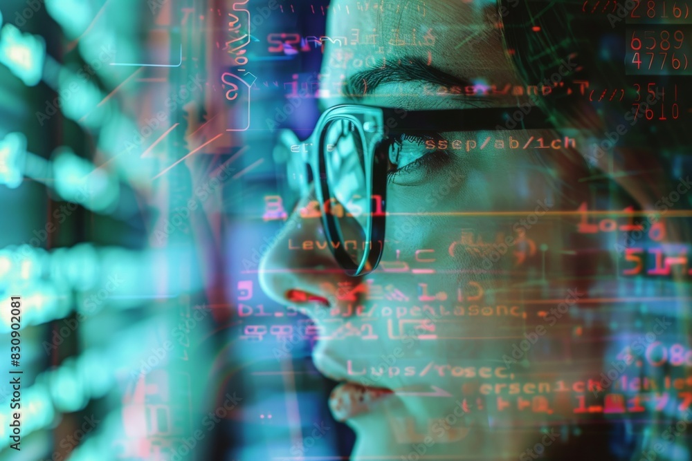 Poster a close-up of a person with glasses reflecting digital numbers and coding information on screens