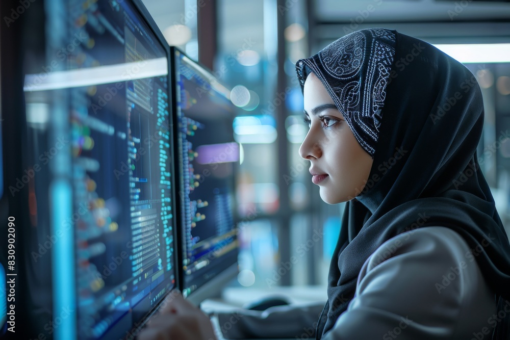 Poster a person wearing a hijab is focused on data analysis on multiple computer screens