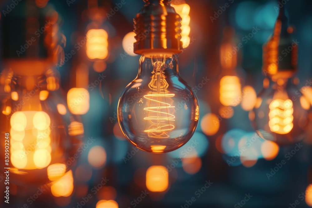 Aufkleber multiple vintage-style light bulbs glowing warmly with bokeh effect in the background creating a coz