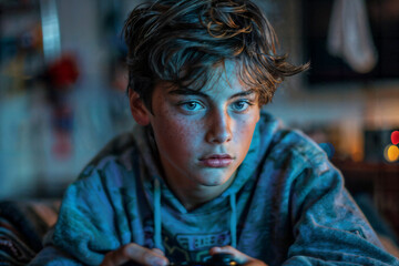 Fototapeta premium Focused Teenage Boy Playing Video Games at Night