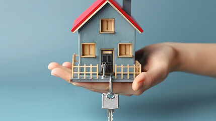 A female hand holds a house model and key on a blue background