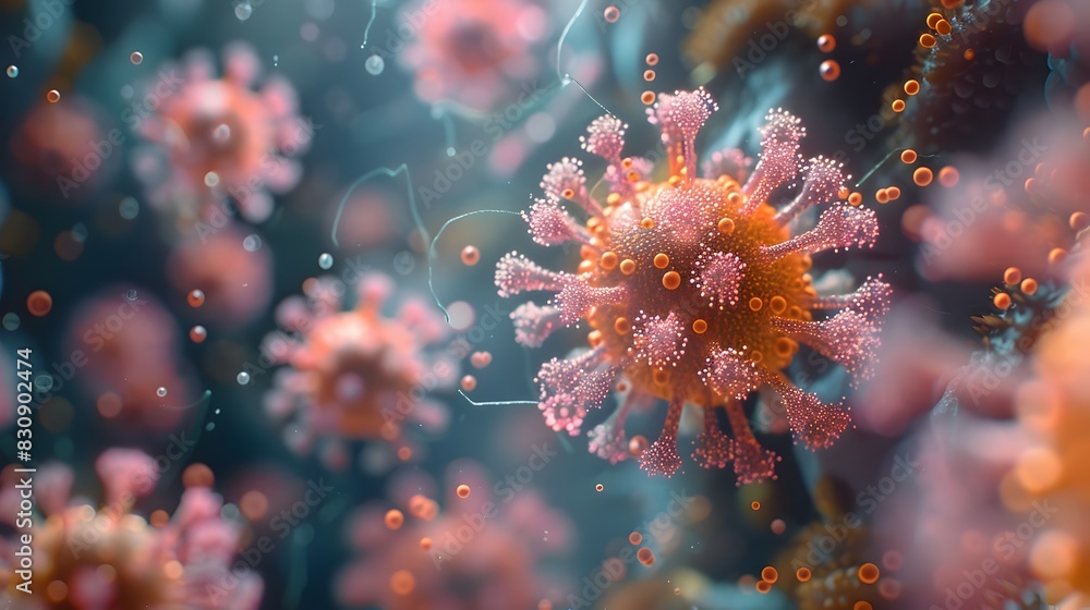 Poster striking microscopic imagery of colorful virus like structures revealing the intricate details of th