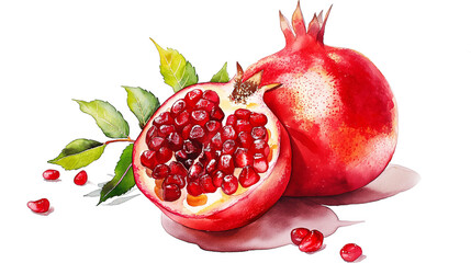 Pomegranate watercolor Isolated on transparent background. Sweet fruit
