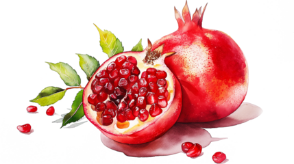 Pomegranate watercolor Isolated on transparent background. Sweet fruit