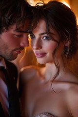 Naklejka premium A romantic and intimate scene of a couple, man whispering into the woman's ear in a soft indoor lighting