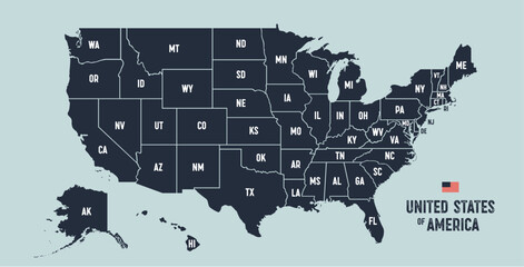 USA Map. Poster map of United States of America. Infographic design, USA with states, poster or geographic, political theme. Print map of USA states, silhouettes outline. Vector Illustration