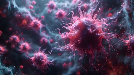 Surreal digital painting of a microscopic virus or bacteria with dynamic energy and ethereal glow
