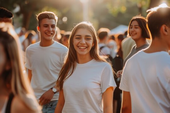 Young people in white t-shirts having a good time at an outdoor social event, positive emotions visible