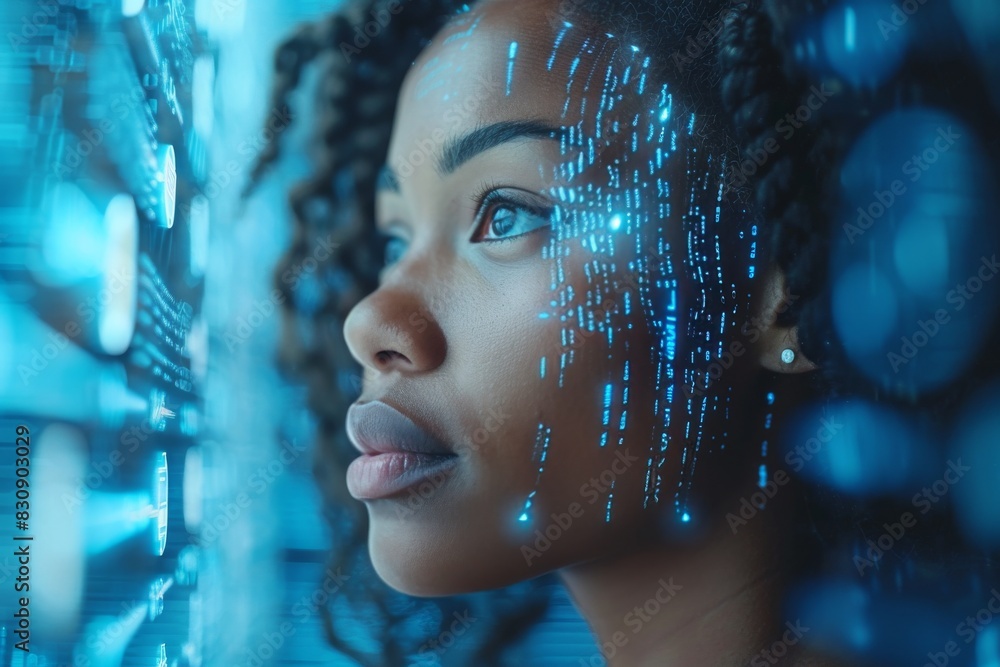 Poster blurred conceptual image showcasing digital data technology with unseen person's presence