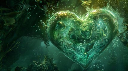 A heart made of plants and algae is floating in the ocean