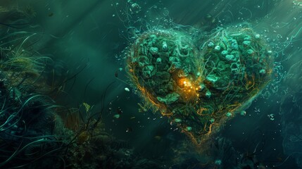 A heart made of plants and algae is floating in the ocean