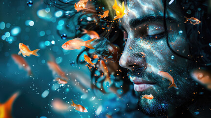 Man in the image of a zodiac sign Fish on blurred background