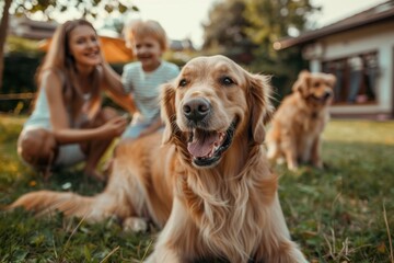 A laughing family and their golden retrievers enjoying time together in the backyard