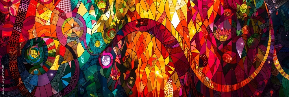 Poster vibrant and captivating kaleidoscopic mosaic of overlapping geometric patterns and shapes in dazzlin