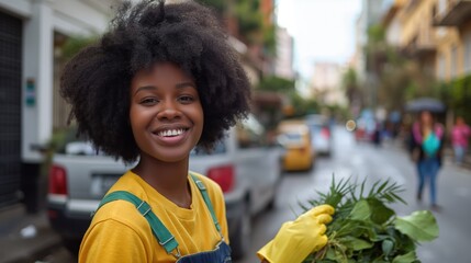 Young female students volunteer worker cleaning the street outdoors smiling at camera