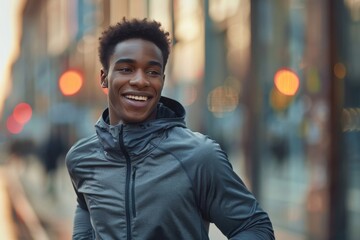 Fototapeta premium Smiling young male with an afro hairstyle wearing a casual jacket, standing in a city environment with a blurred background