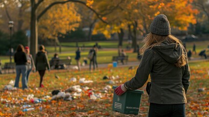 Backview of young student volunteer worker gathering plastic garbage outdoors