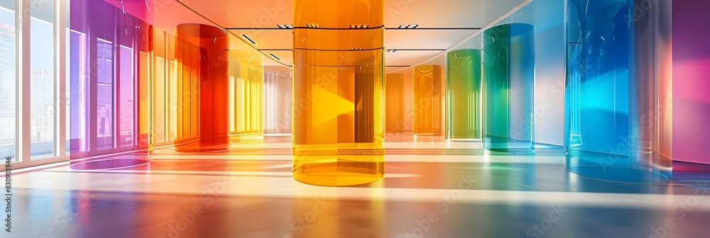 Poster Vibrant and Geometric Architectural Corridor of Colorful Interiors with Bright Daylight and Reflective Surfaces