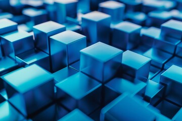 This image features a close-up of 3D cubes in varying heights, creating an abstract geometric pattern in a monochromatic blue