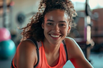 A radiant young woman with curly hair smiles brightly while wearing an orange sports top in a gym environment