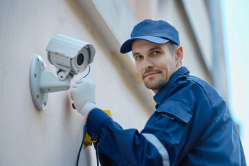 Professional technician in uniform installing modern surveillance camera on building exterior, ensuring safety with a focused expression