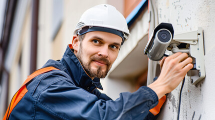 Professional technician in a hard hat smiling while installing a modern surveillance camera on an exterior wall of a building