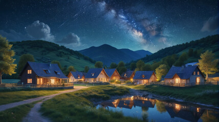 Fototapeta premium Dreamy illustration of a starlit night over a peaceful village nestled in a valley, where cozy cottages emit a warm glow and the Milky Way cascades across the sky, Generative AI