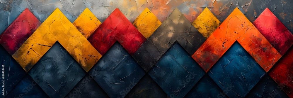Poster vibrant geometric abstract art with overlapping shapes and contrasting colors composition descriptio
