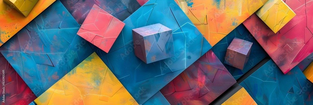 Aufkleber vibrant geometric abstract composition with faceted shapes and prismatic palette