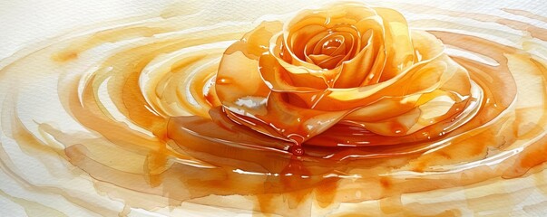 Caramel swirl in a maple syrup puddle, watercolor, soft pastel colors, gentle brushstrokes