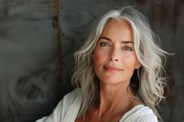 a woman with grey hair and a white shirt is smiling at the camera